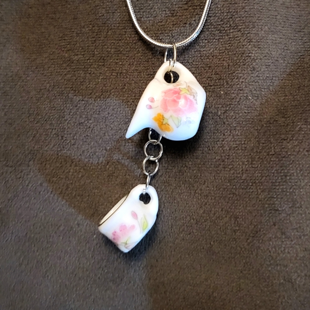 Pink and White Floral Cream Pitcher and Teacup Necklace